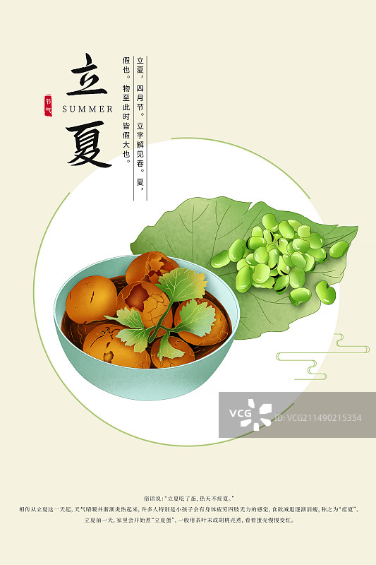 中国风二十四节气窗口系列插画海报模版-夏天 夏季习俗之吃立夏蛋和蚕豆 应季蔬菜水果  竖版图片素材