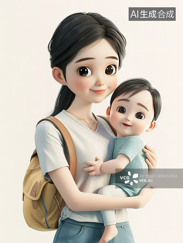 【AI数字艺术】3D卡通风格抱着婴儿的妈妈插图图片素材