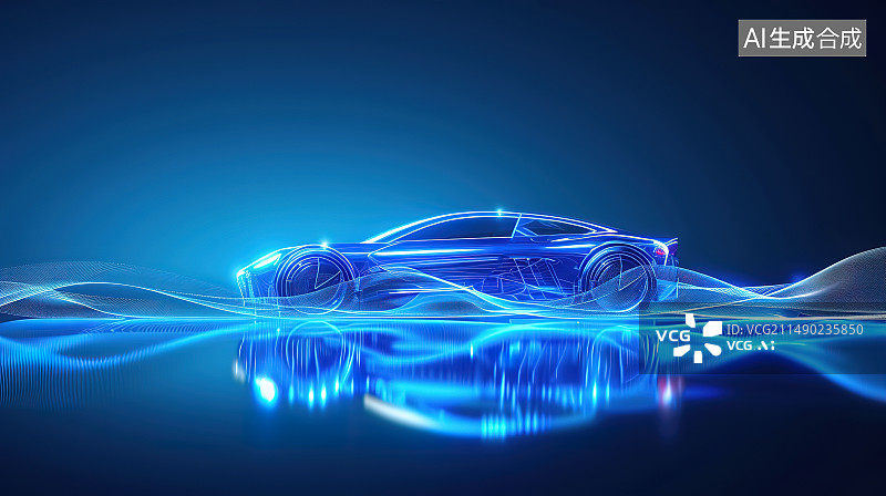 【AI数字艺术】半透明蓝色玻璃流体质感的新能源汽车发布背景图片素材