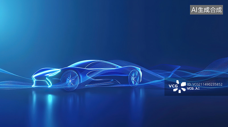 【AI数字艺术】半透明蓝色玻璃流体质感的新能源汽车发布背景图片素材