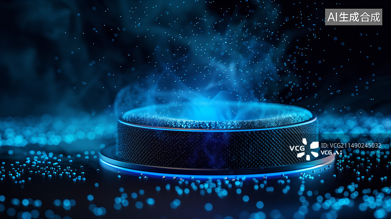 【AI数字艺术】一个圆形音响设备散发出蓝色的发光粒子图片素材