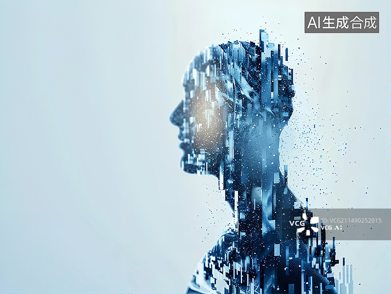 【AI数字艺术】未来感蓝银色科技粒子AGI智能机器人剪影图片素材