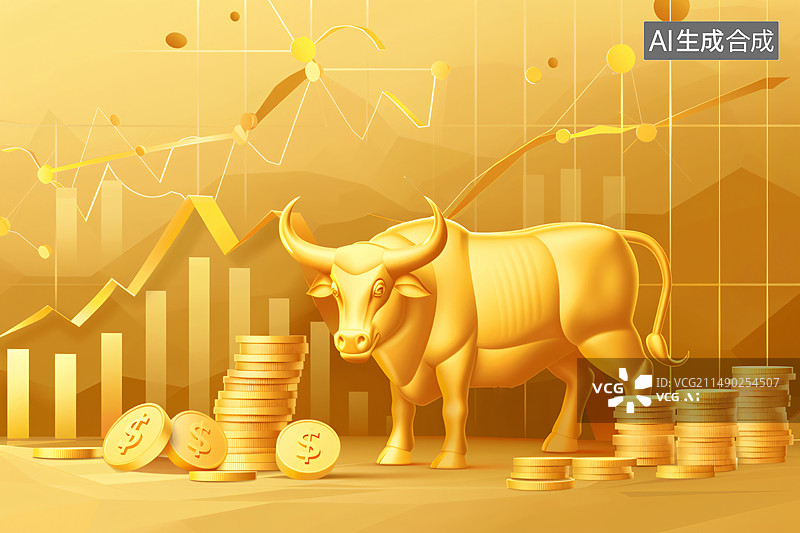 【AI数字艺术】金牛牛市股票黄金股价上涨元素插画图片素材