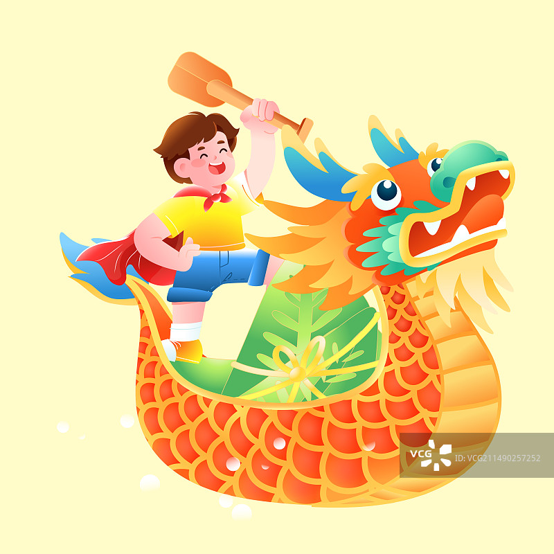 卡通端午节传统节日习俗赛龙舟粽子美食餐饮庆祝户外活动儿童家人团圆海浪风景中国风国潮古风渐变矢量插画图片素材