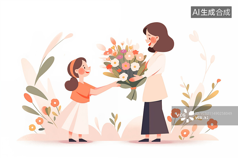 【AI数字艺术】母亲节插画教师节插画，女孩送花给妈妈或老师图片素材