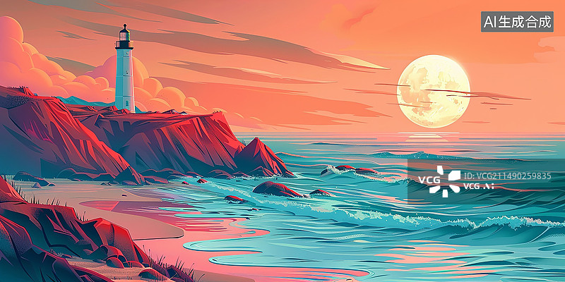 【AI数字艺术】海面礁石天空插画图片素材