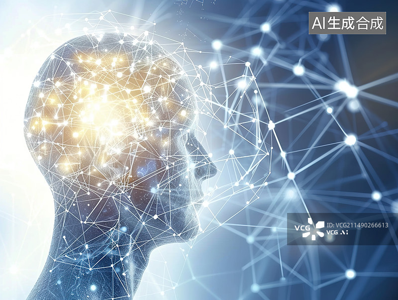 【AI数字艺术】科技概念抽象背景，光点组成的人脑，人工智能图片素材