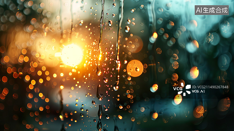【AI数字艺术】夏天雨天窗户玻璃上的雨珠车灯虚化光斑文艺唯美背景图片素材