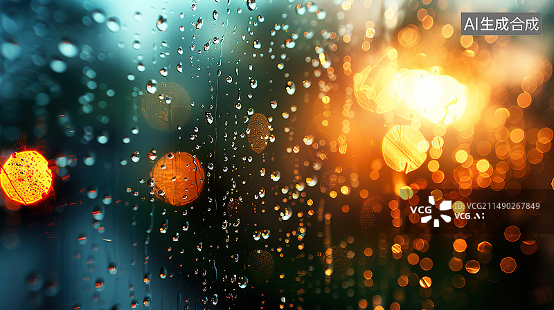 【AI数字艺术】夏天雨天窗户玻璃上的雨珠车灯虚化光斑文艺唯美背景图片素材