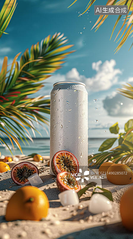 【AI数字艺术】一罐百香果饮料在海滩上图片素材