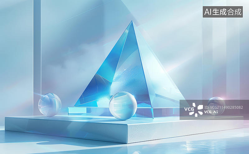 【AI数字艺术】渲染的蓝水晶金字塔白色平台上有三个球体图片素材