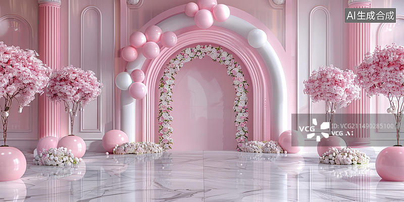 【AI数字艺术】婚礼场地用鲜花和气球装饰成粉红色图片素材