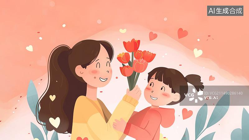 【AI数字艺术】母亲节插画 孩子送花 母亲在鲜花中拥抱孩子图片素材