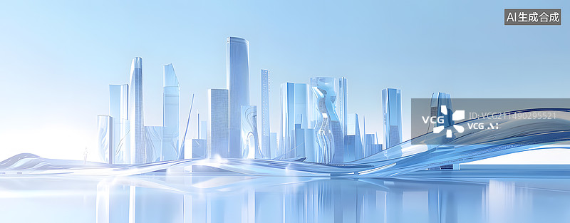 【AI数字艺术】毛玻璃材质的科技抽象背景未来城市天际线图片素材