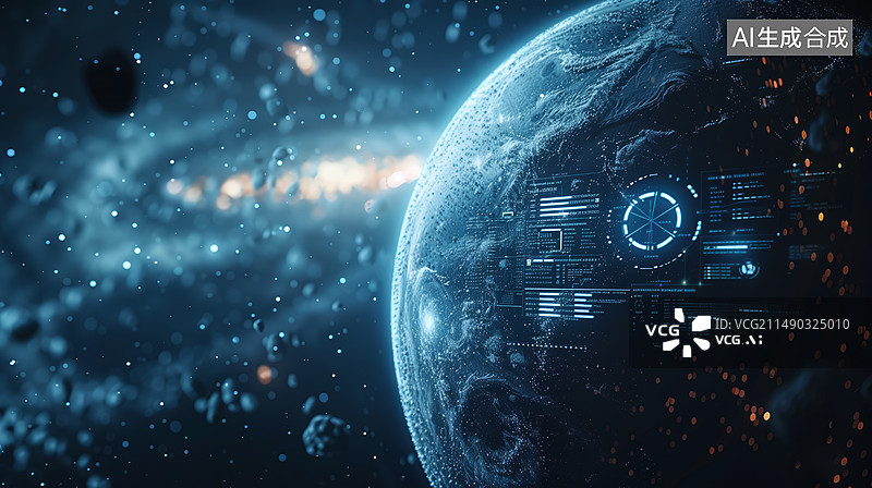 【AI数字艺术】科技感星球和全息数据图片素材