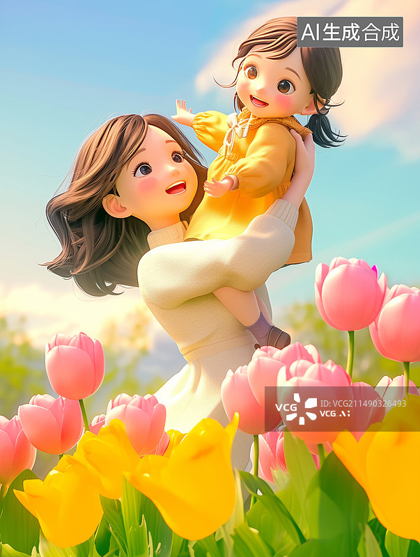 【AI数字艺术】田野上粉红色郁金香母亲节妈妈抱着孩子图片素材