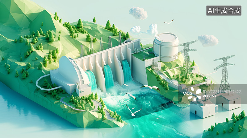【AI数字艺术】水坝绿色能源3D插画图片素材