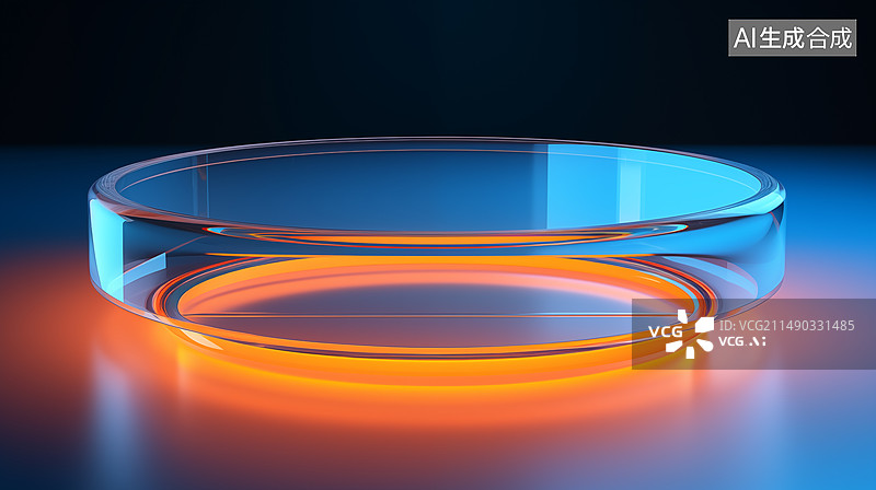 【AI数字艺术】玻璃质感的蓝色橙色发光背景图，产品展台，玻璃背景，背景，透明背景，透明图片素材