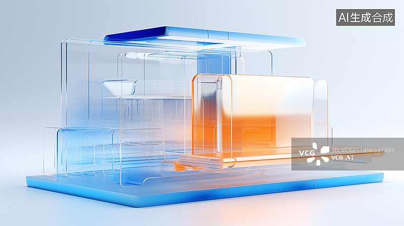 【AI数字艺术】玻璃质感的蓝色橙色发光背景图，产品展台，玻璃背景，背景，透明背景，透明图片素材