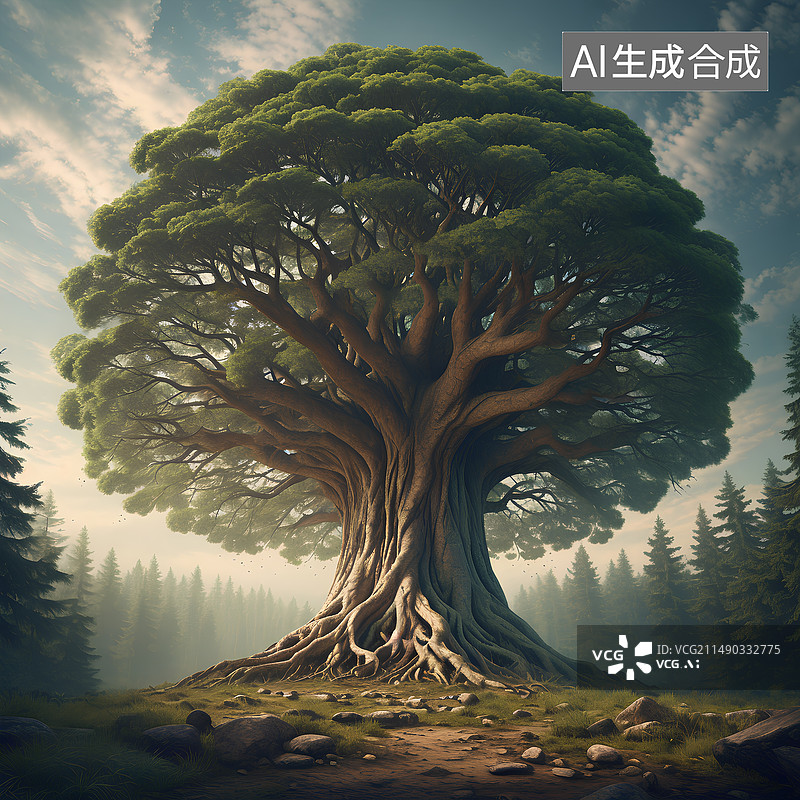 【AI数字艺术】一棵郁郁葱葱的大树，枝繁叶茂，古树壁纸图片素材