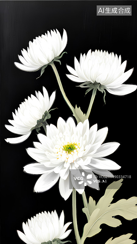 【AI数字艺术】白色菊花，黑背景，祭奠哀思，插图壁纸图片素材