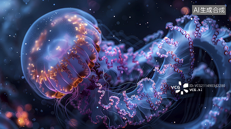 【AI数字艺术】数码海底世界蓝色水母海报背景图片素材