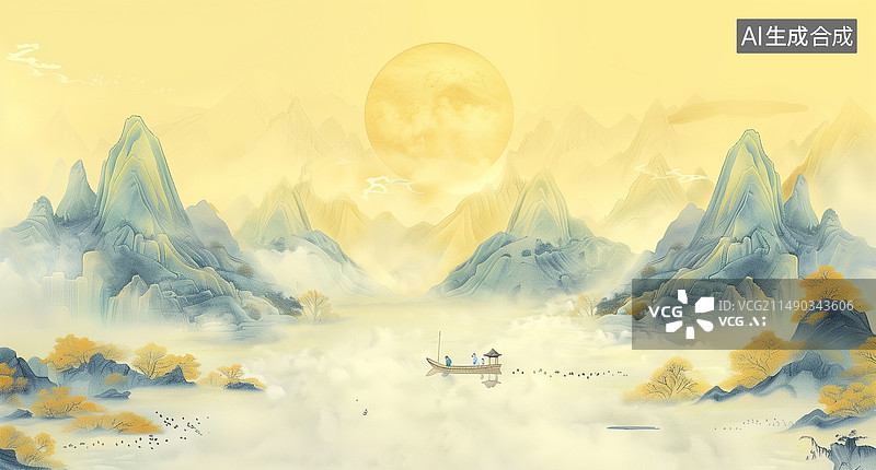 【AI数字艺术】水墨山水画与墨点图片素材