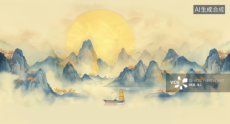 【AI数字艺术】水墨山水画与墨点图片素材