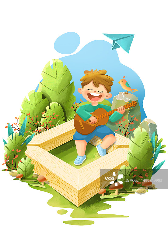 夏日公园里弹吉他的小男孩图片素材