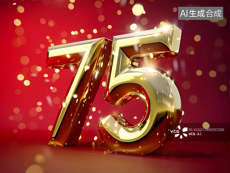 【AI数字艺术】3D金属质感闪亮金色数字75国庆周年庆党建红色背景图片素材