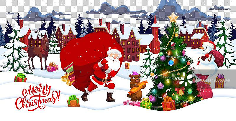 带圣诞老人、节日树和雪人的圣诞节banner图片素材