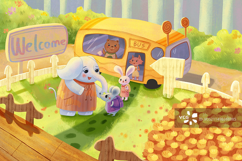 可爱卡通小动物场景插画图片素材