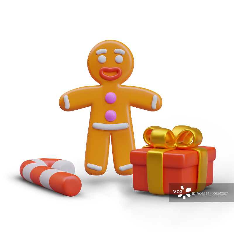 微笑的姜饼人、拐杖糖和红色礼品盒图片素材