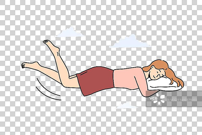 快乐的女人漂浮空中枕头睡觉图片素材