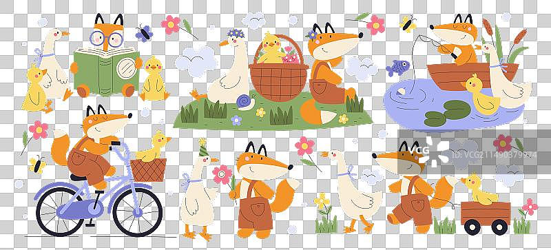 可爱狐狸和鹅朋友卡通人物图片素材