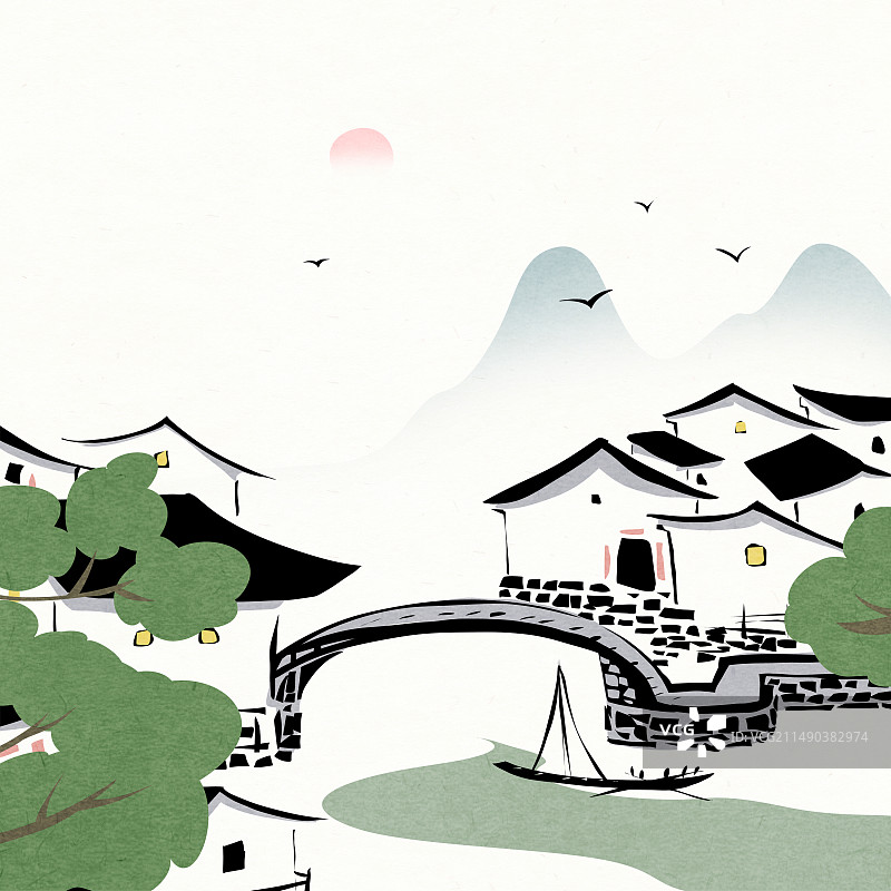 江南水乡春夏风景写生插画图片素材