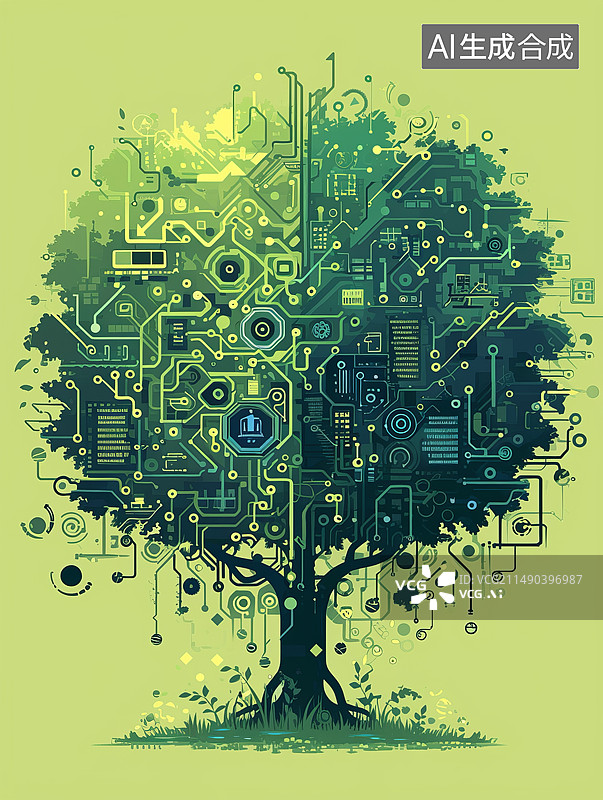 【AI数字艺术】复杂的电路板设计和大树的融合图片素材