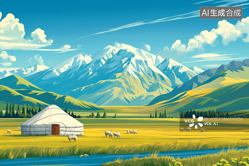 【AI数字艺术】雪山草原上的羊群图片素材