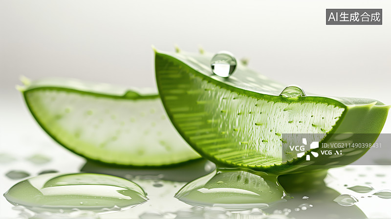 【AI数字艺术】新鲜芦荟叶在空气中落下，飞溅的水孤立在白色背景图片素材