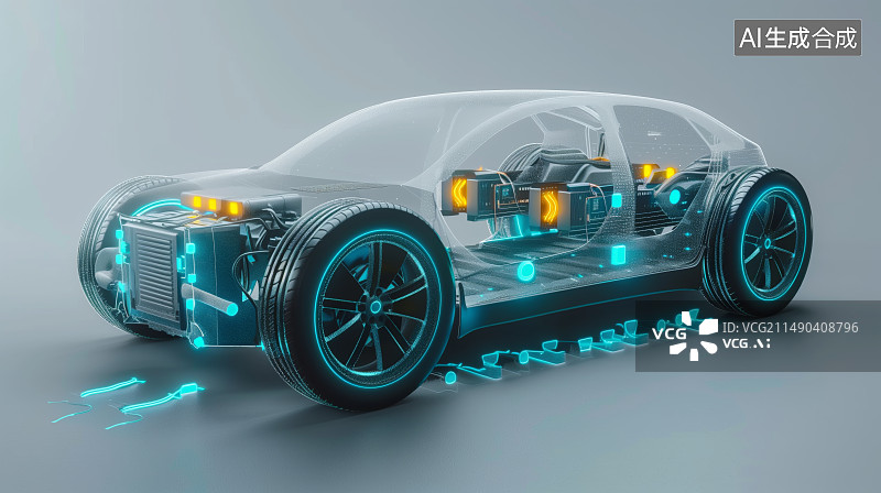 【AI数字艺术】新能源智能电动汽车内部可见的电动电池图片素材