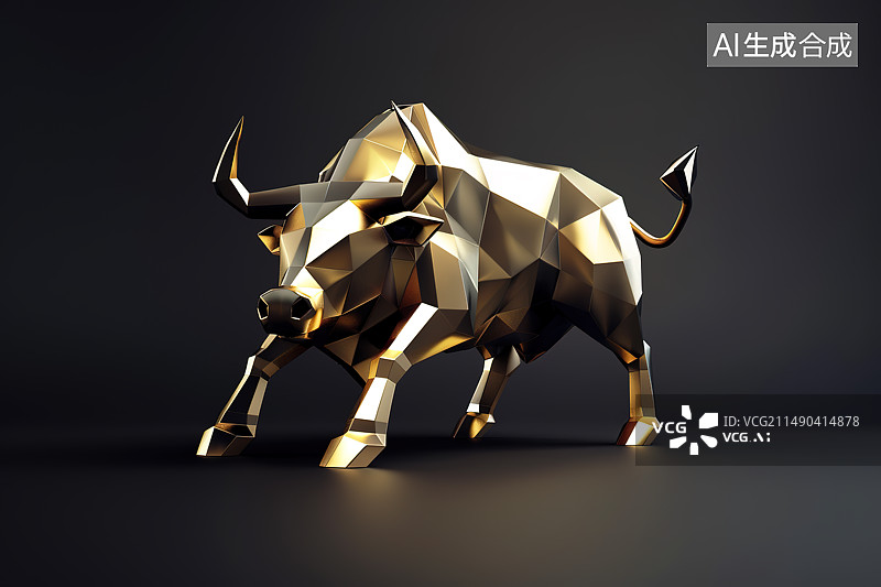【AI数字艺术】黑色背景下的3D渲染黄金公牛——股市牛市概念图片素材