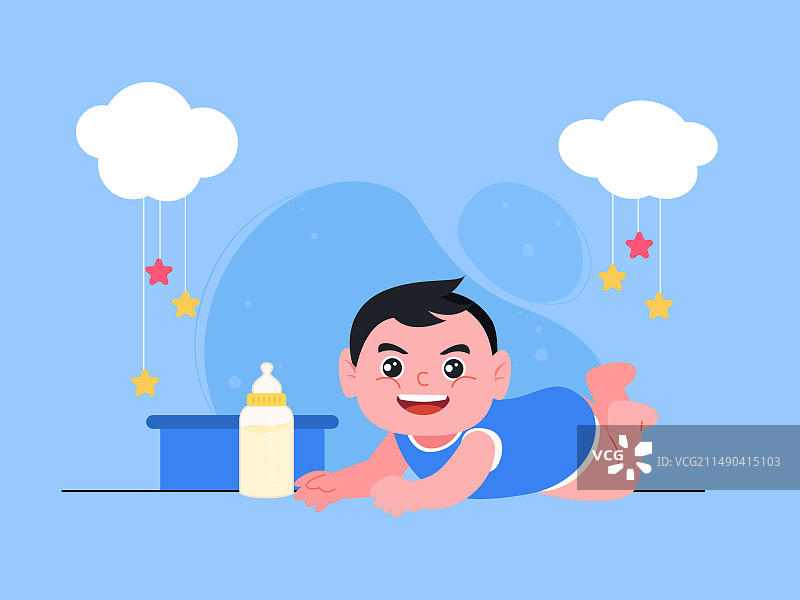 一个婴儿趴在地面旁边是一个奶瓶矢量插画图片素材