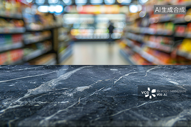【AI数字艺术】超市背景模糊的空白大理石桌面，产品展示概念插图图片素材