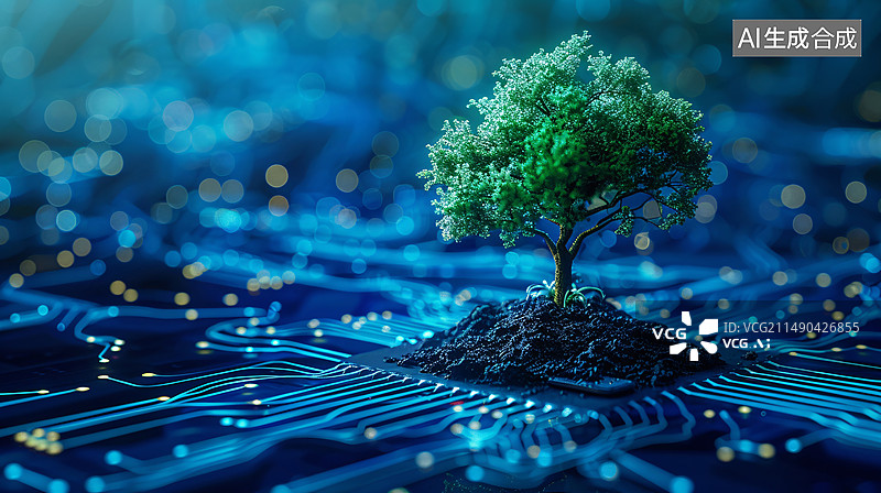 【AI数字艺术】科技树木生长在网络线路上，绿色能源网络生态概念插图图片素材