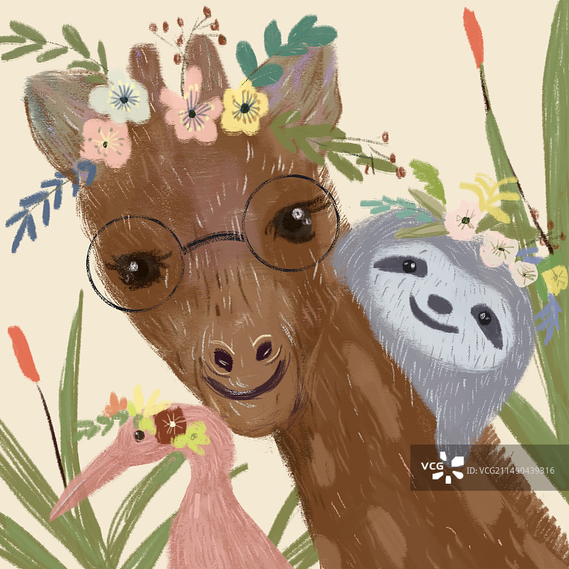 带花环的可爱动物扁平肌理插画图片素材
