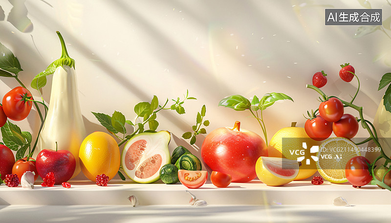 【AI数字艺术】桌子上呢摆满了各种各样的水果广告背景图片素材