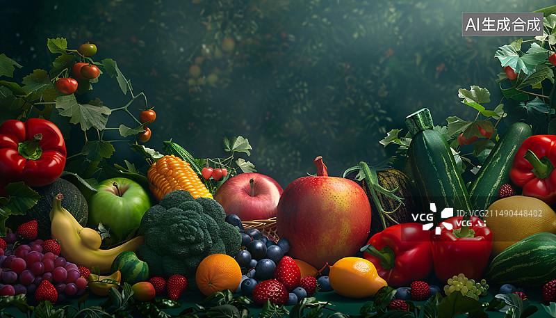 【AI数字艺术】桌子上呢摆满了各种各样的水果广告背景图片素材
