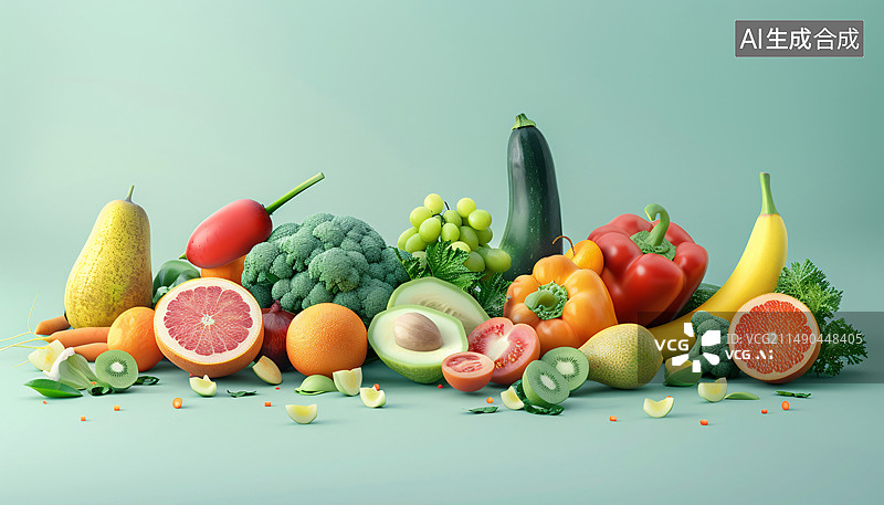 【AI数字艺术】桌子上呢摆满了各种各样的水果广告背景图片素材