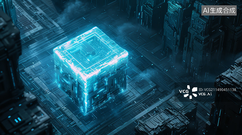 【AI数字艺术】科技感发光蓝色魔方图片素材