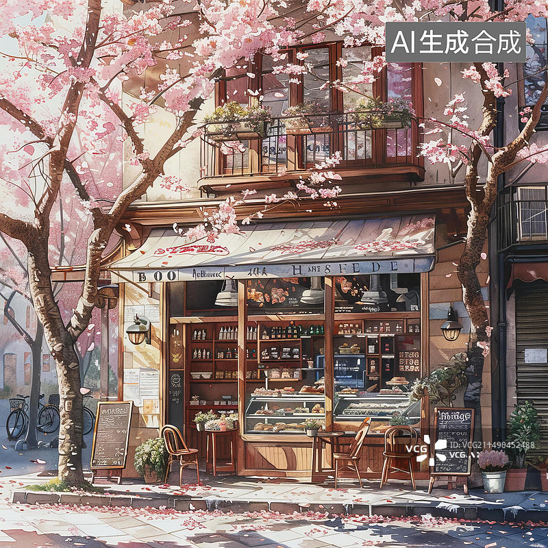 【AI数字艺术】一家位于欧洲的咖啡店樱花盛开景色宜人图片素材